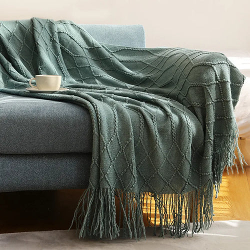 Khaki Gift Knitted Blanket with Tassels Chunky Vintage Luxury