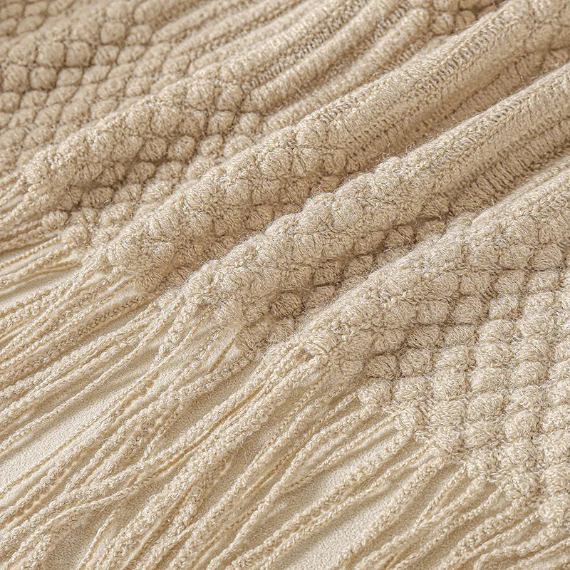 Khaki Gift Knitted Blanket with Tassels Chunky Vintage Luxury