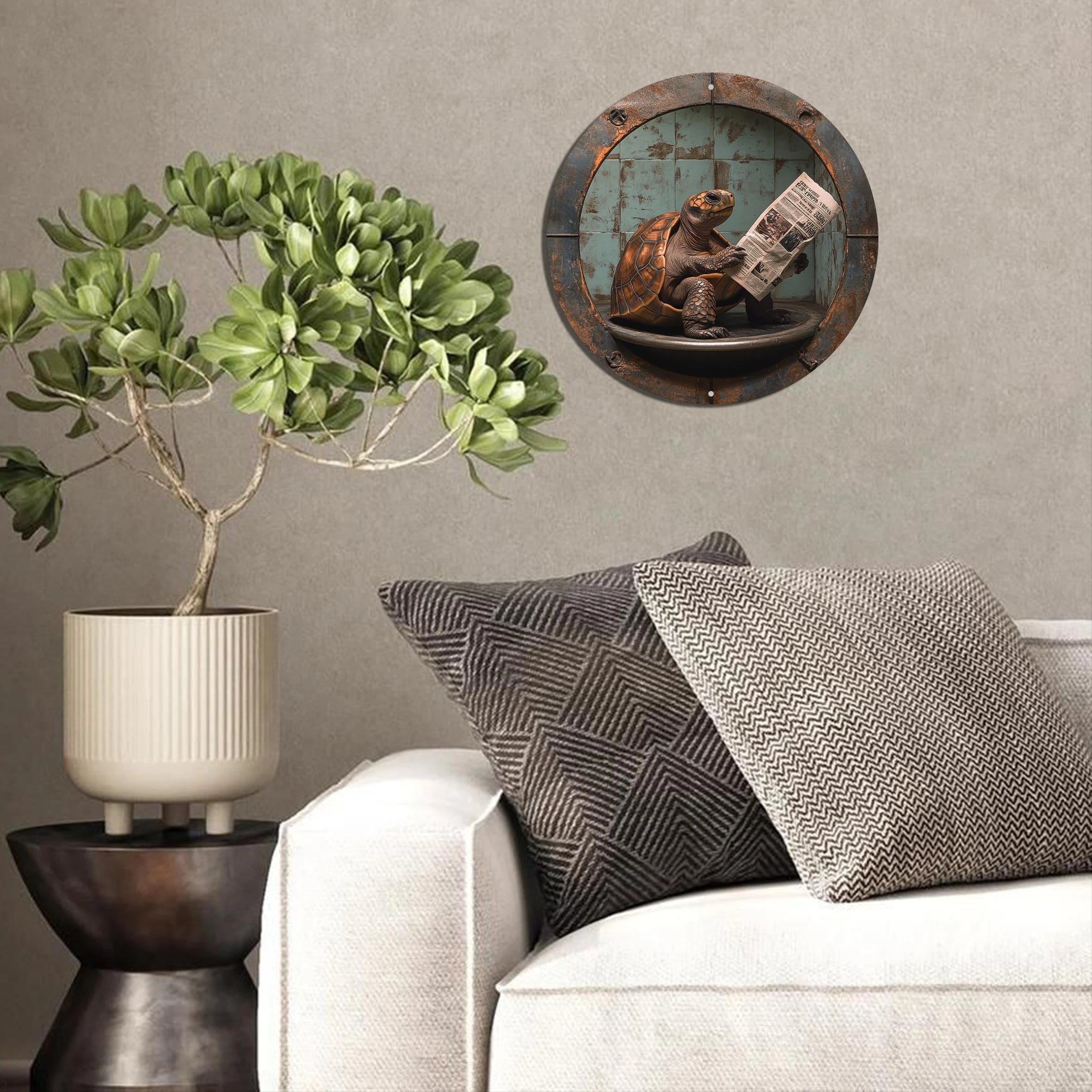 2D 1PC Wooden Disc Reading Newspaper Turtle Themed Sign 8 Inch Design