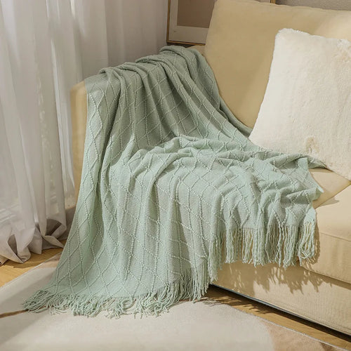 Khaki Gift Knitted Blanket with Tassels Chunky Vintage Luxury