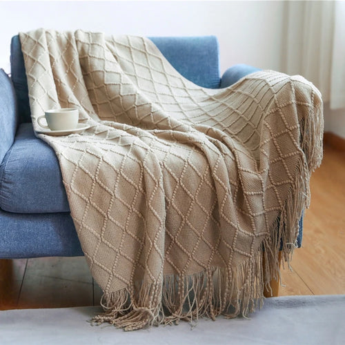 Khaki Gift Knitted Blanket with Tassels Chunky Vintage Luxury