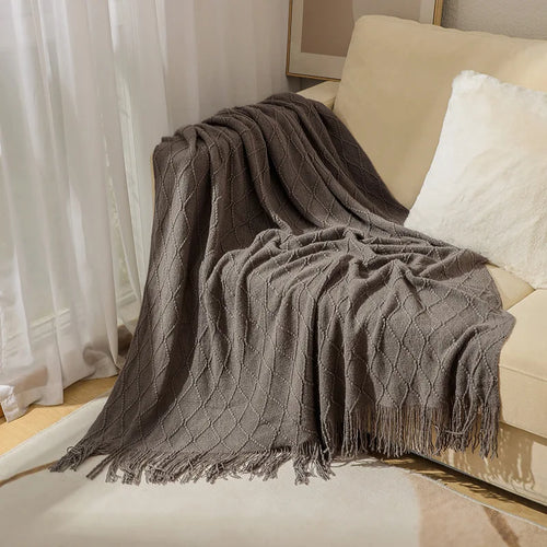 Khaki Gift Knitted Blanket with Tassels Chunky Vintage Luxury