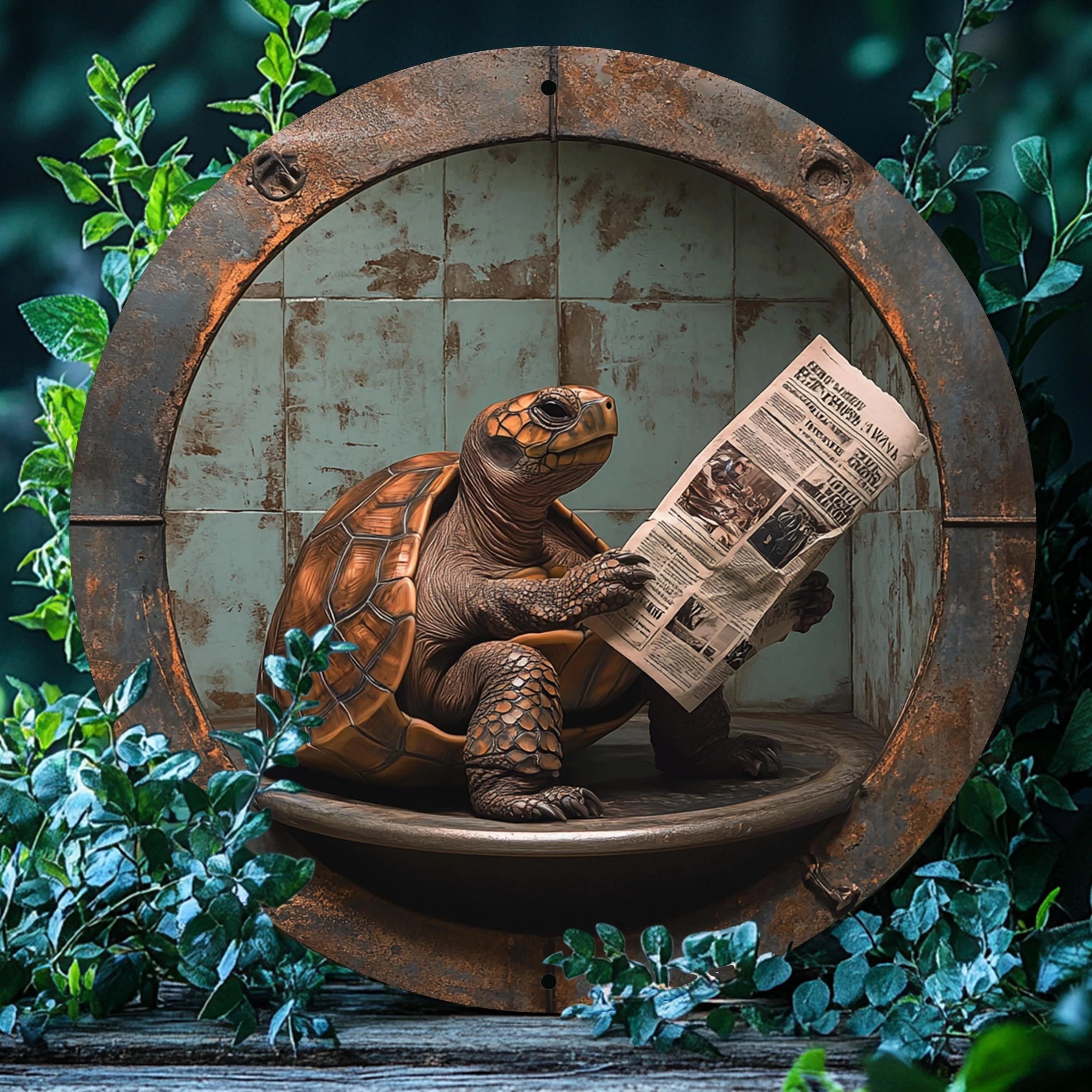 2D 1PC Wooden Disc Reading Newspaper Turtle Themed Sign 8 Inch Design