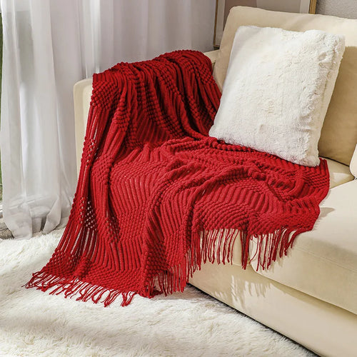 Khaki Gift Knitted Blanket with Tassels Chunky Vintage Luxury