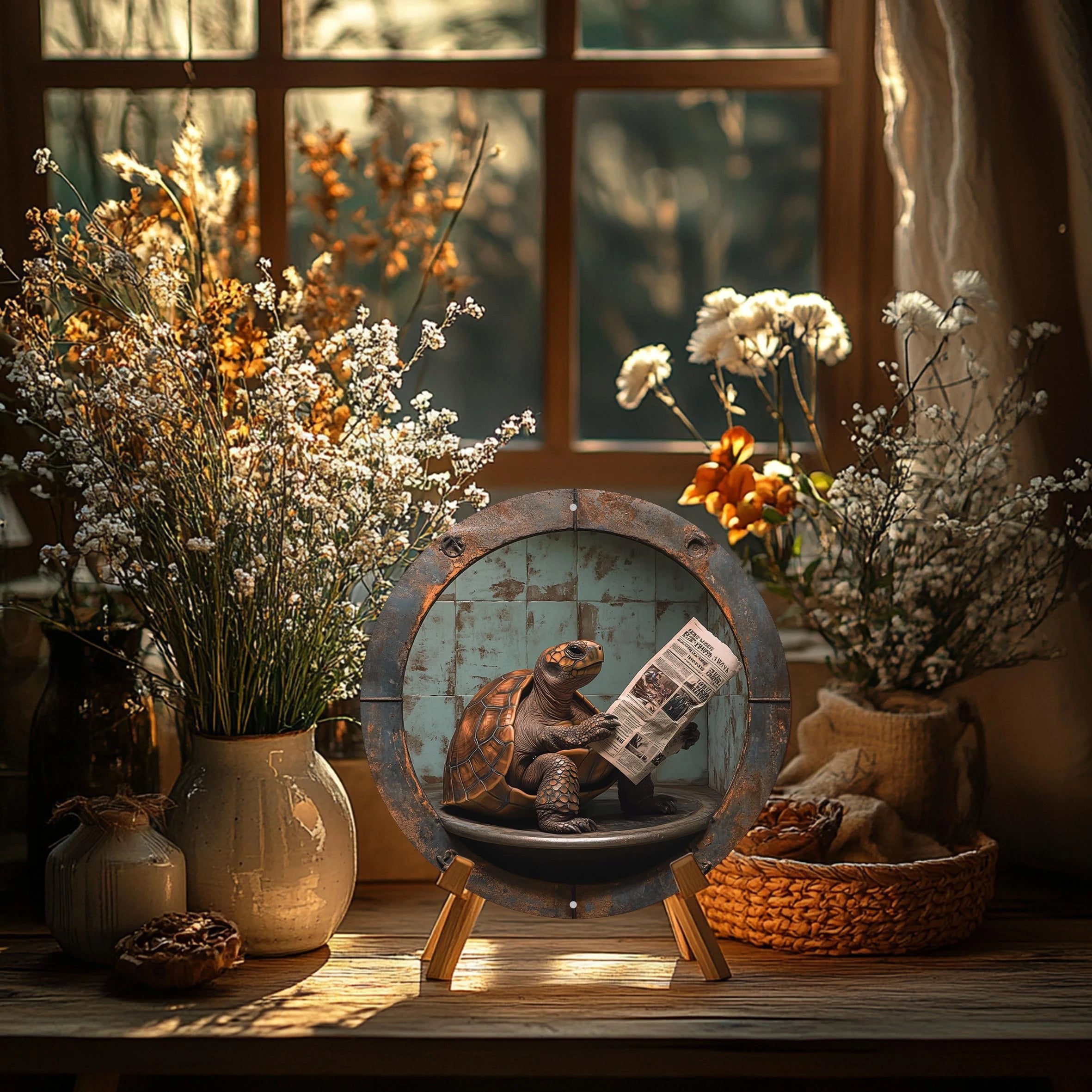 2D 1PC Wooden Disc Reading Newspaper Turtle Themed Sign 8 Inch Design