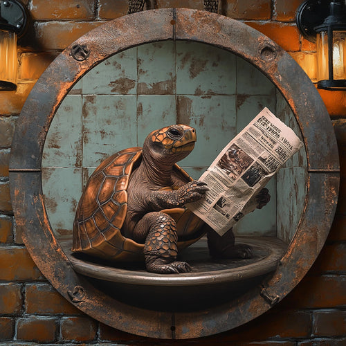 2D 1PC Wooden Disc Reading Newspaper Turtle Themed Sign 8 Inch Design