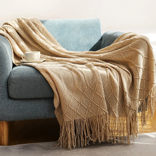 Khaki Gift Knitted Blanket with Tassels Chunky Vintage Luxury