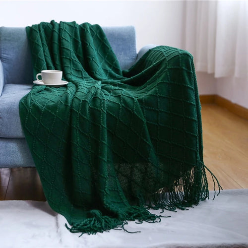 Khaki Gift Knitted Blanket with Tassels Chunky Vintage Luxury