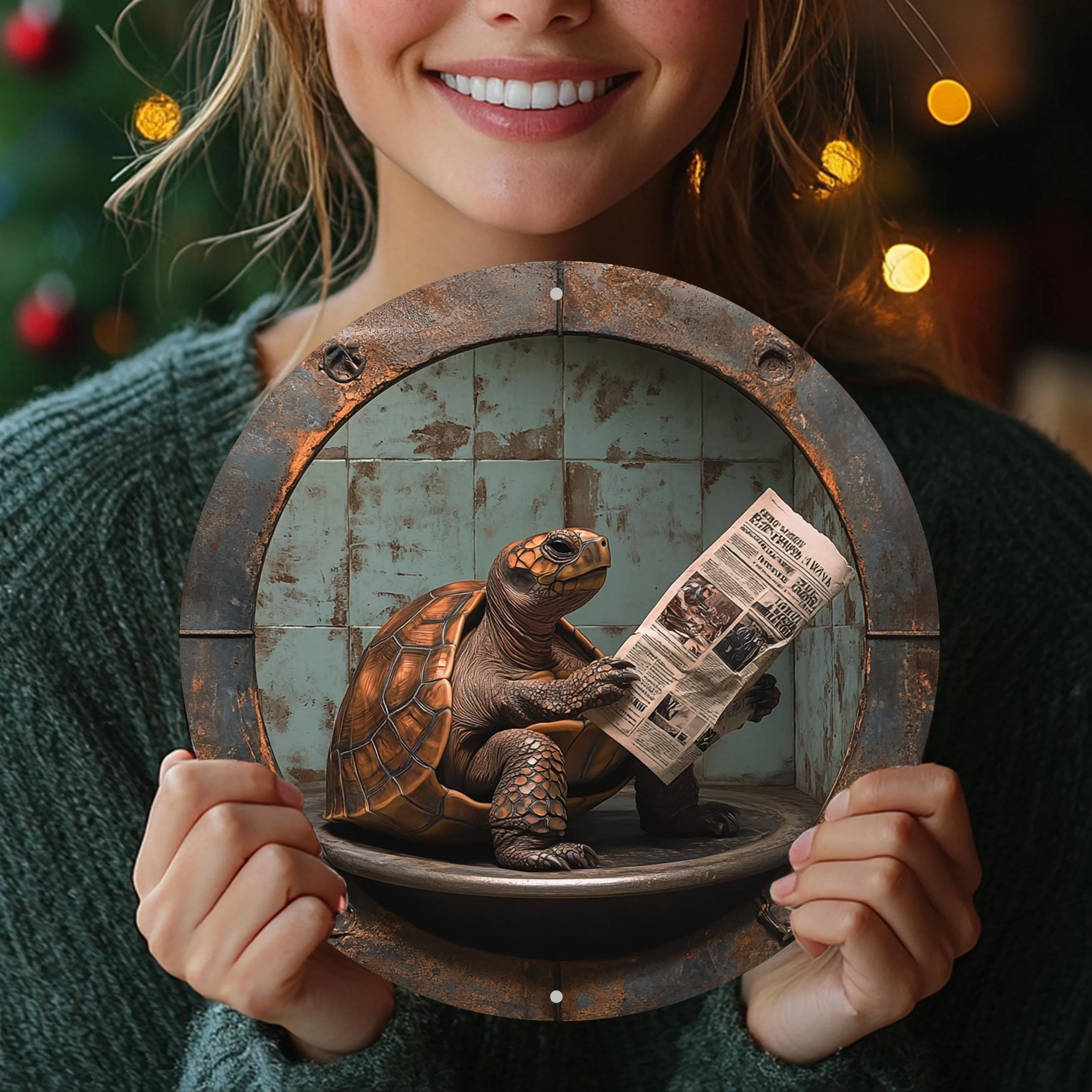 2D 1PC Wooden Disc Reading Newspaper Turtle Themed Sign 8 Inch Design