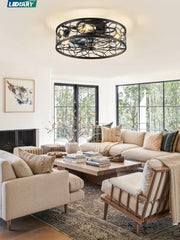 Black Caged Ceiling Fan With Lights Low Profile Flush Mount Remote