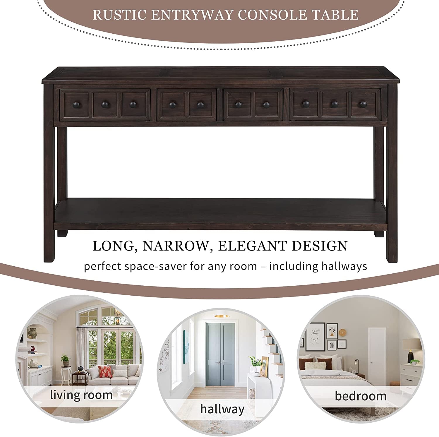 Rustic 60 Inch Console Table With Drawers And Shelf