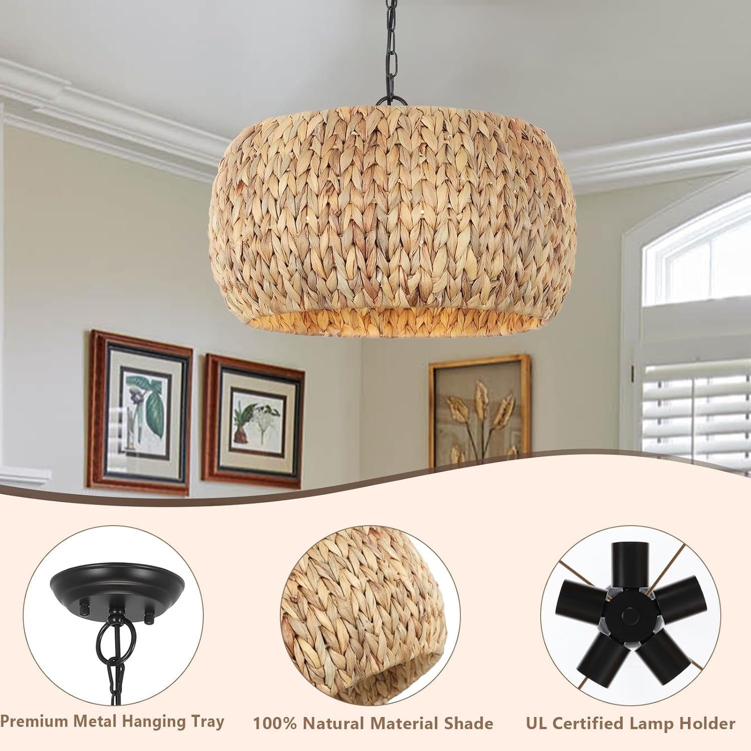 5 Light Farmhouse Rattan Chandelier Natural Water Hyacinth Shade