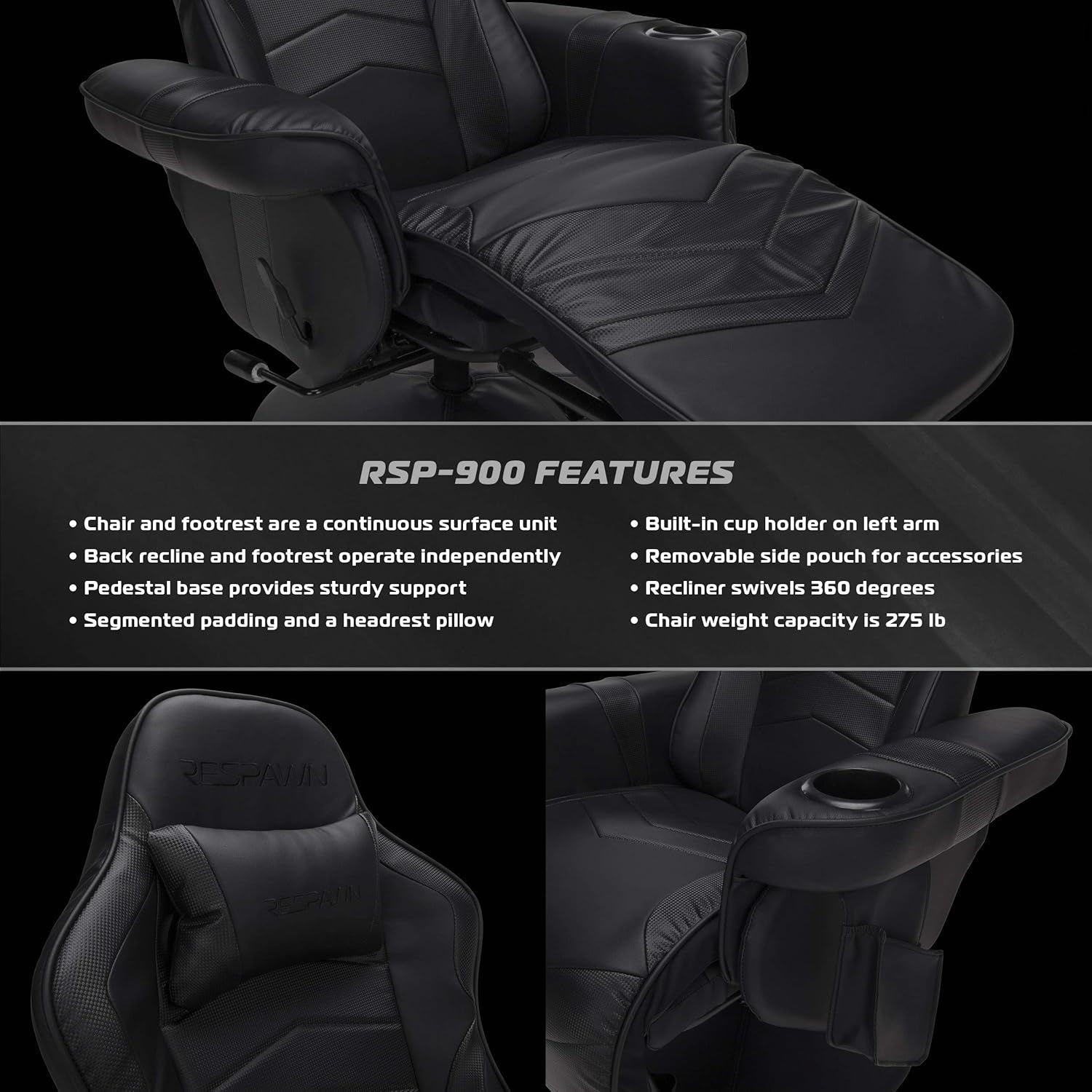 900 Gaming Recliner Black With Adjustable Leg Rest Cupholder