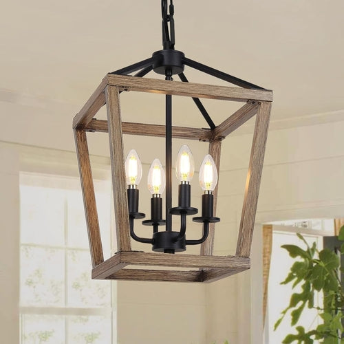 4-Light Farmhouse Chandelier Rustic Wood Cage Light