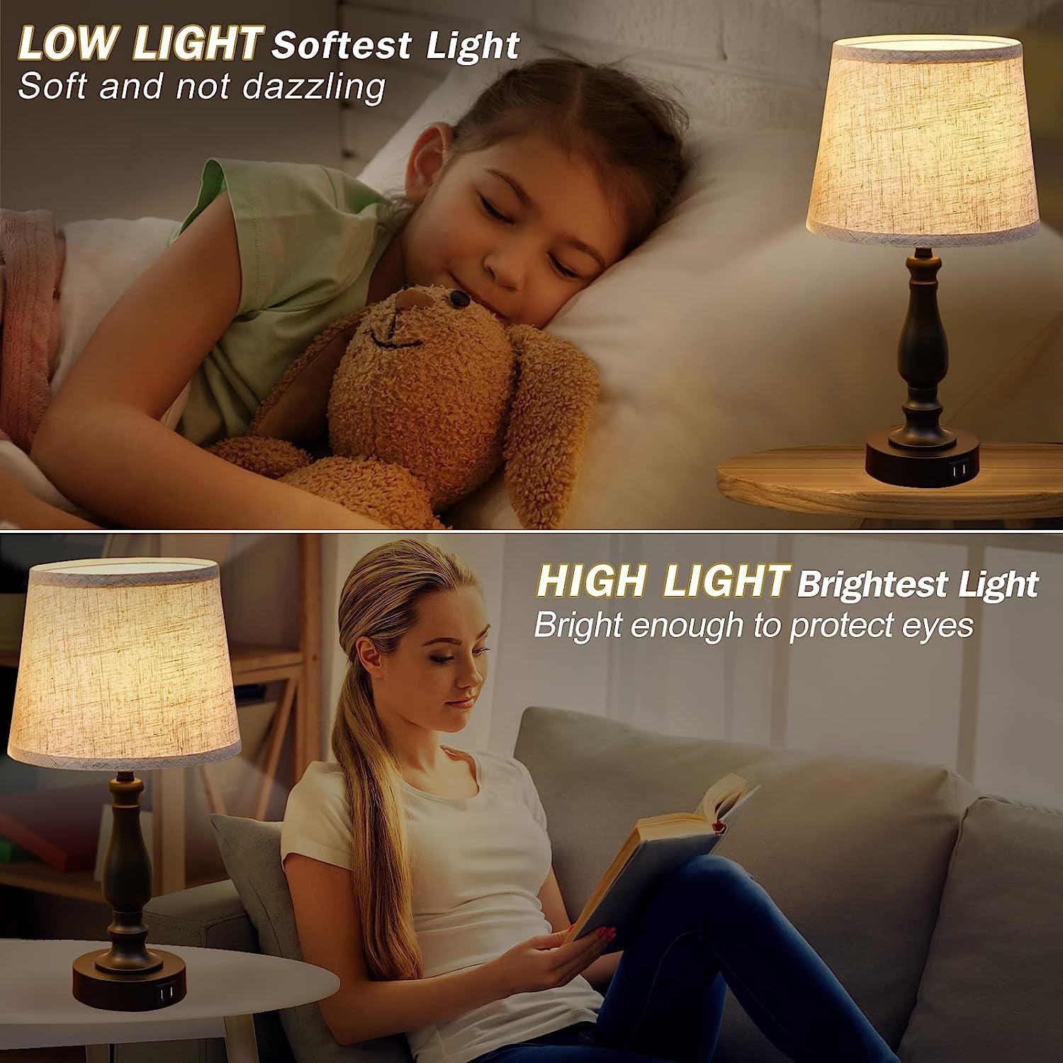 Bedside Table Lamps Set Of 2 With USB Ports And Dimmable