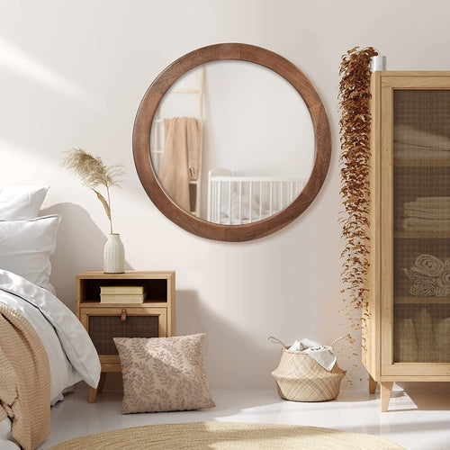 Walnut Frame Rustic Wooden Wall Mirror Bedroom Decor