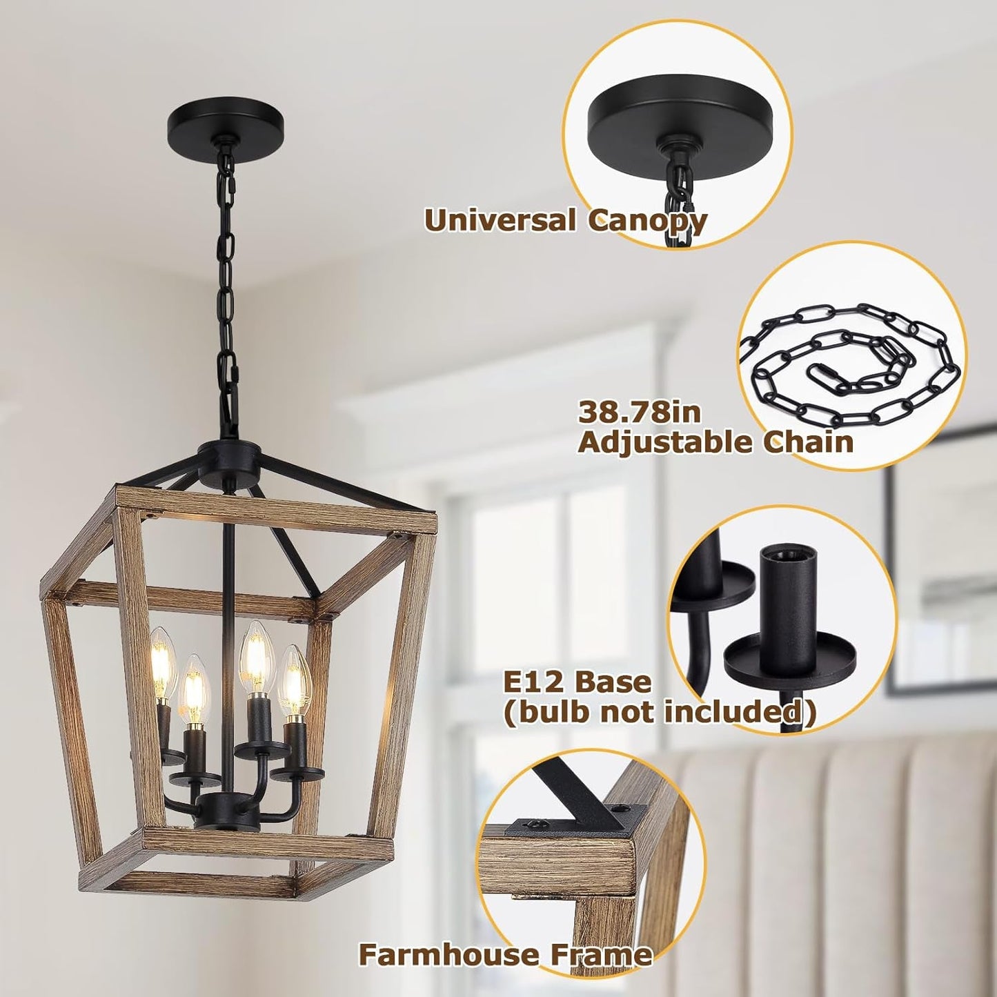 4-Light Farmhouse Chandelier Rustic Wood Cage Light