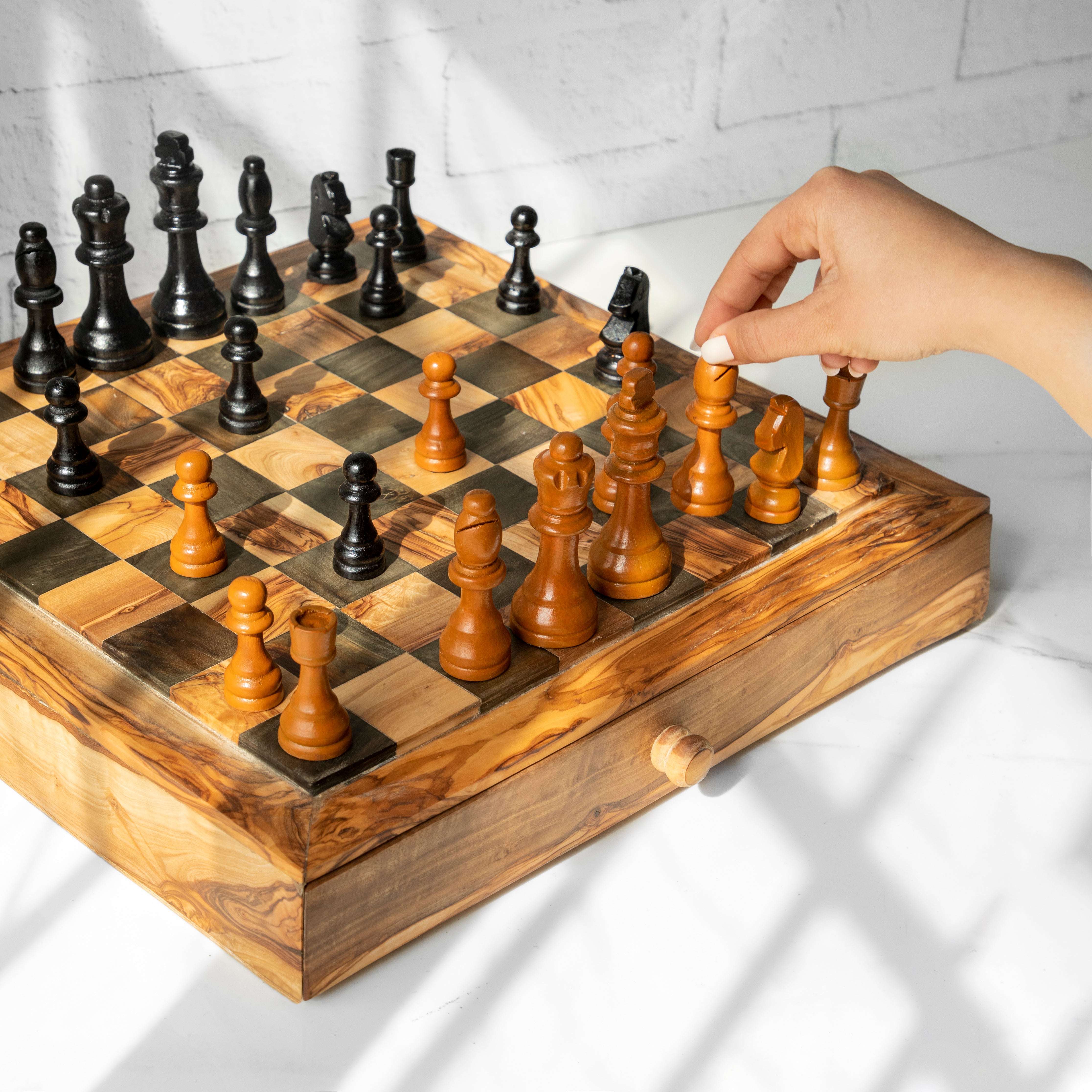 Handcrafted Square Olive Wood Chess Set with One Large Drawer