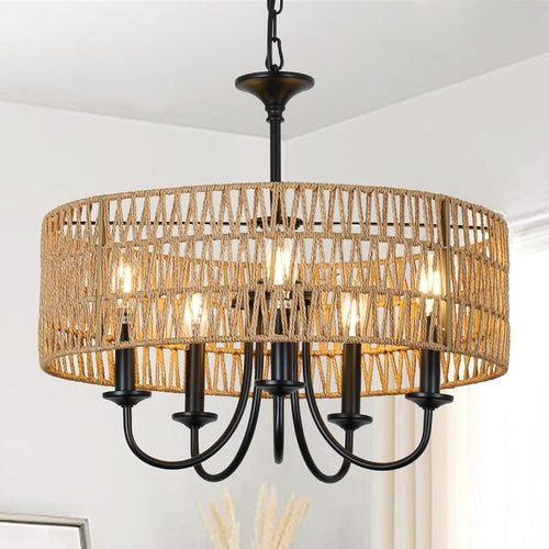 Modern Farmhouse Chandelier Light Fixtures, 5-Lights Large Rattan