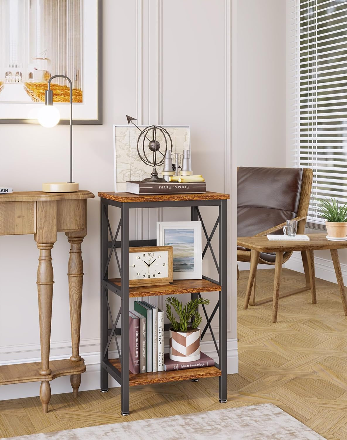 3 Tiers Bookcase, Industrial Metal Bookshelf with Side Fence, Storage