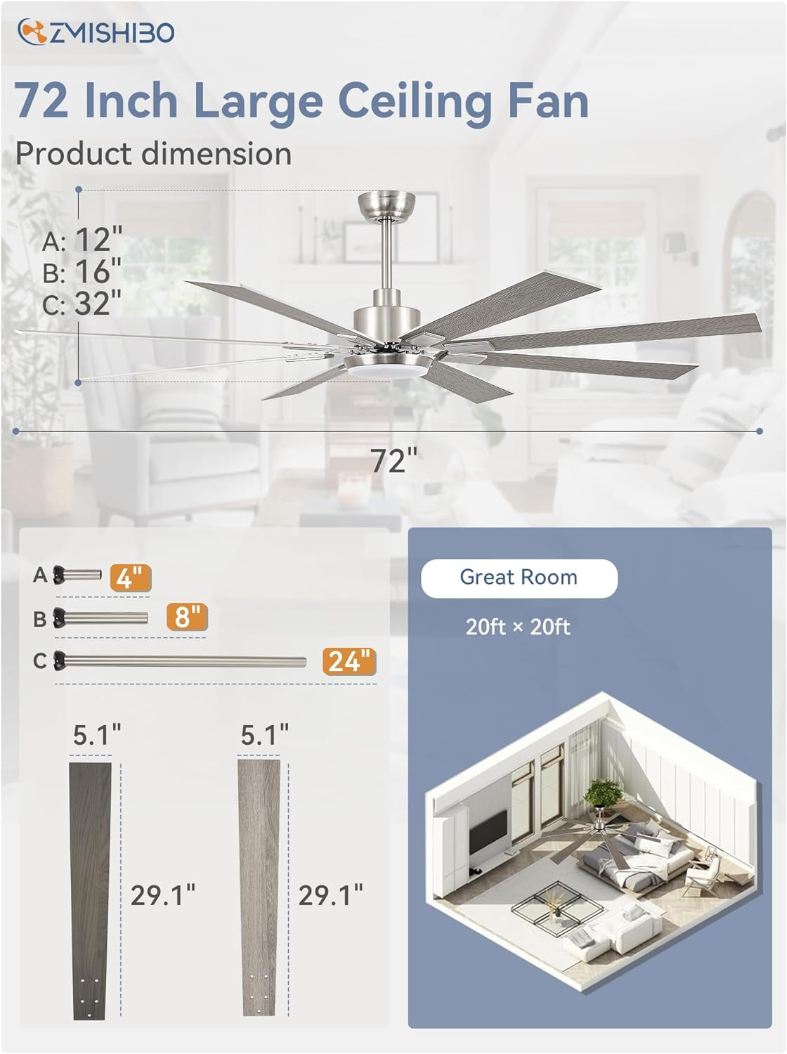 72 Inch Brushed Nickel Ceiling Fan With Light And Remote
