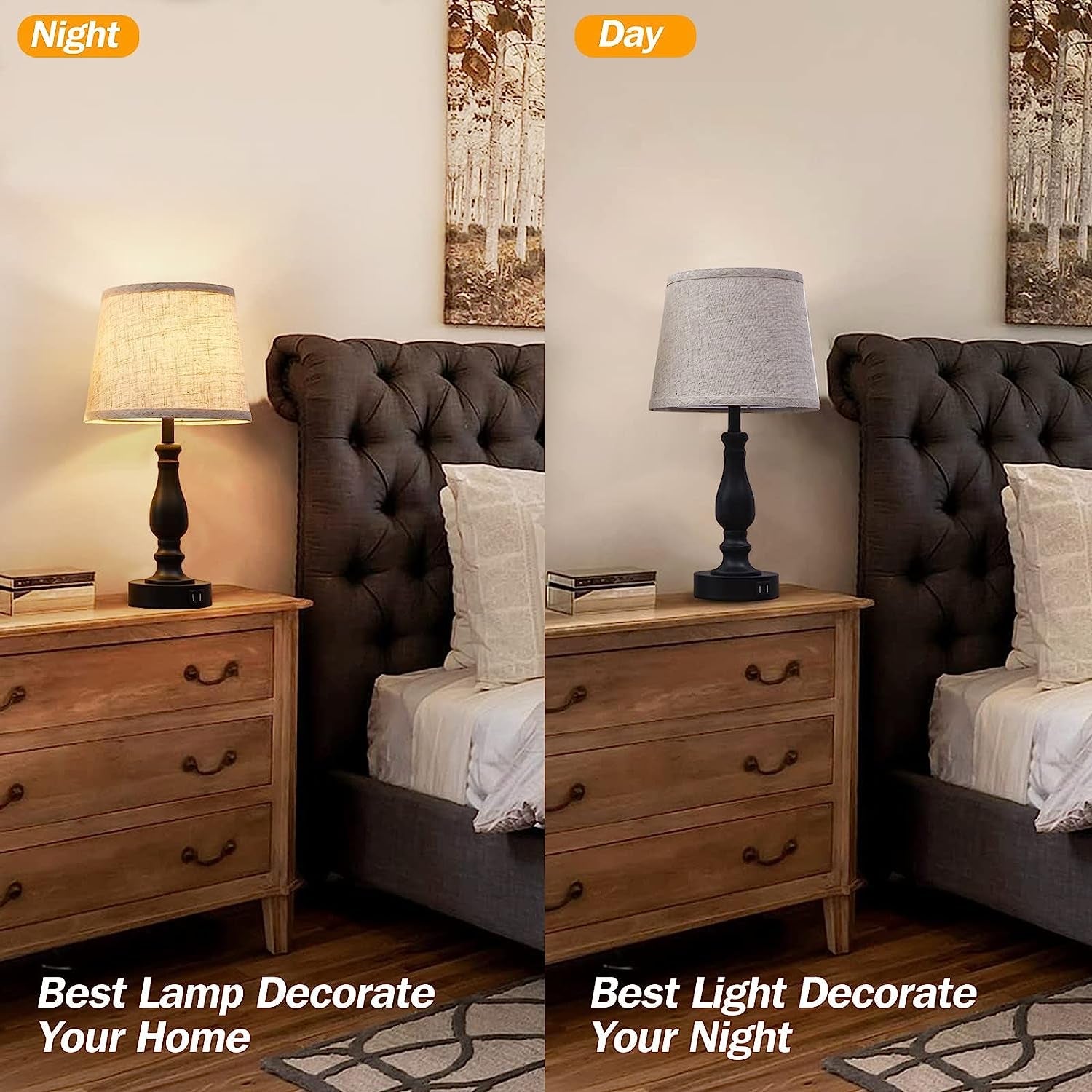 Bedside Table Lamps Set Of 2 With USB Ports And Dimmable