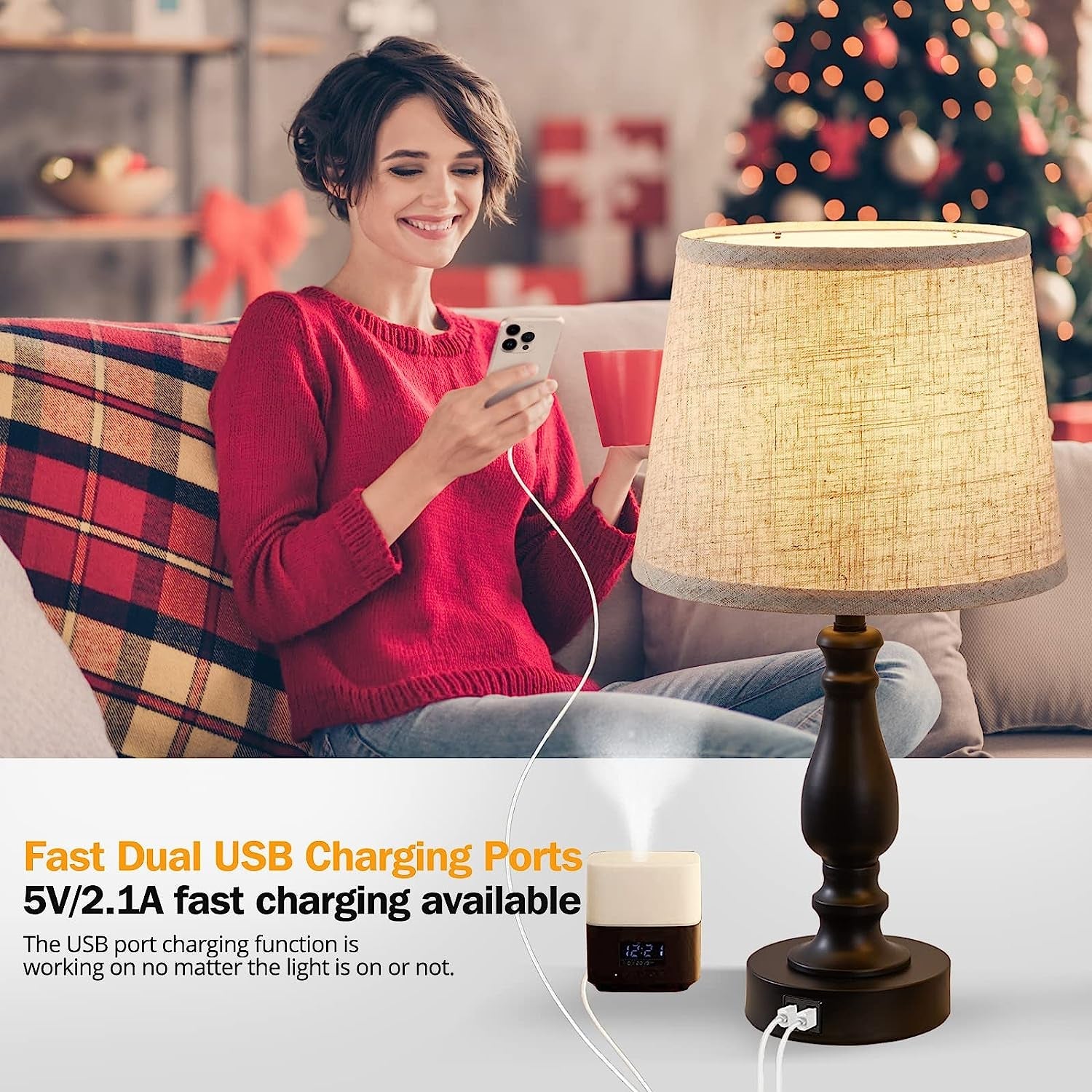 Bedside Table Lamps Set Of 2 With USB Ports And Dimmable