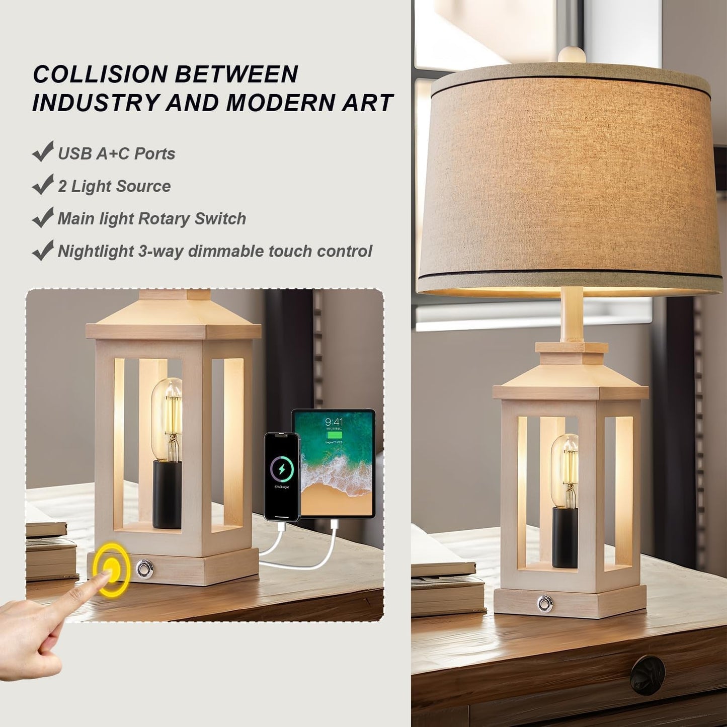 White Farmhouse Touch Lamps USB, Dimmable, Vintage, Dual Light