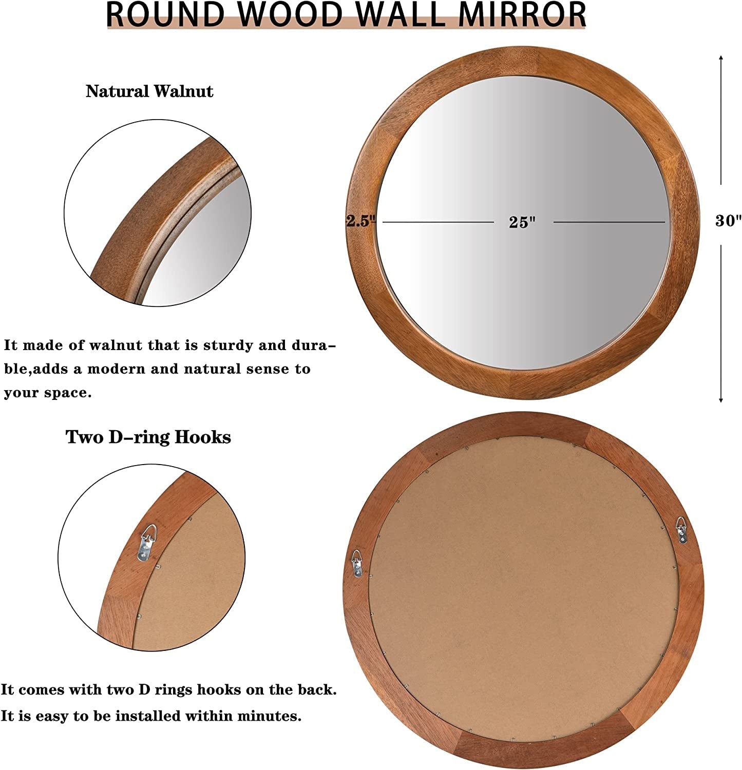 Walnut Frame Rustic Wooden Wall Mirror Bedroom Decor