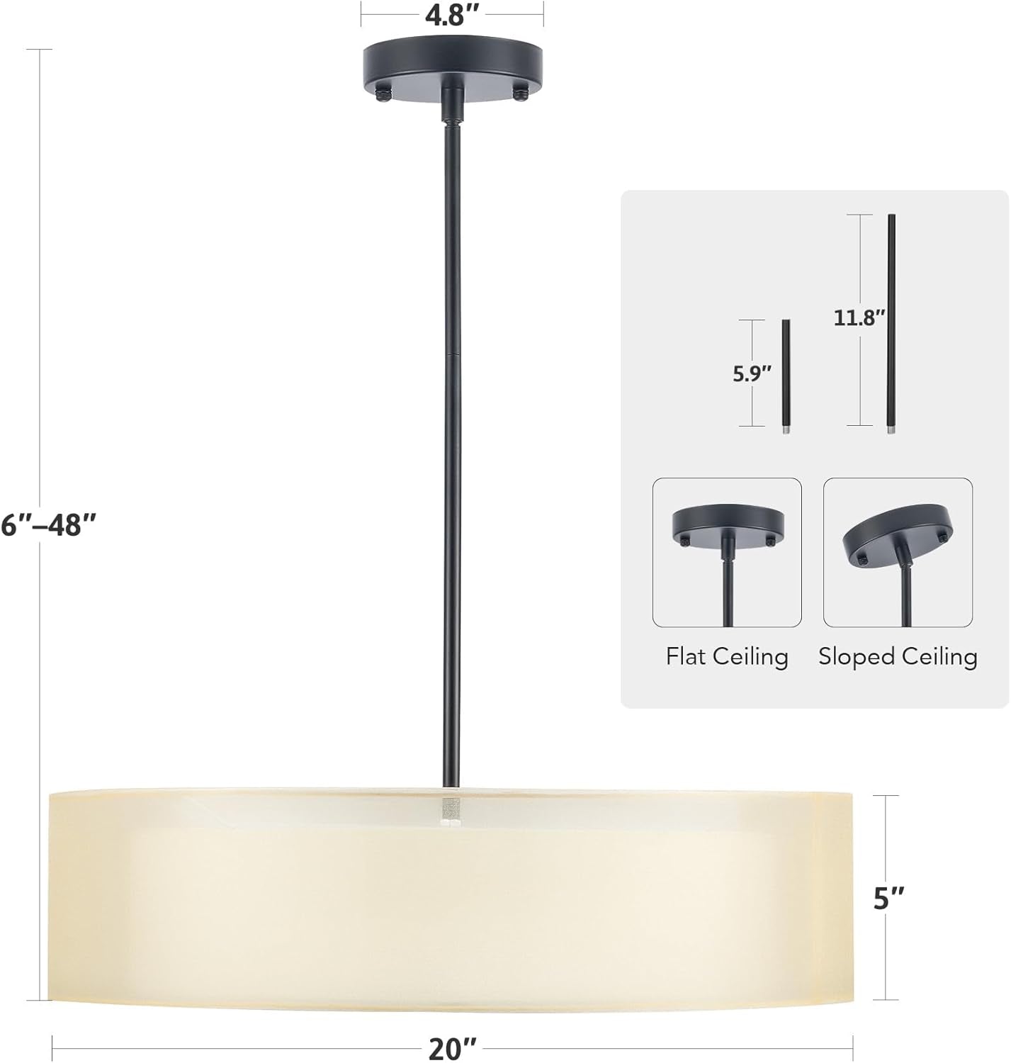 20 Inch Black Drum Pendant Light With Fabric Shade Three Light Matte