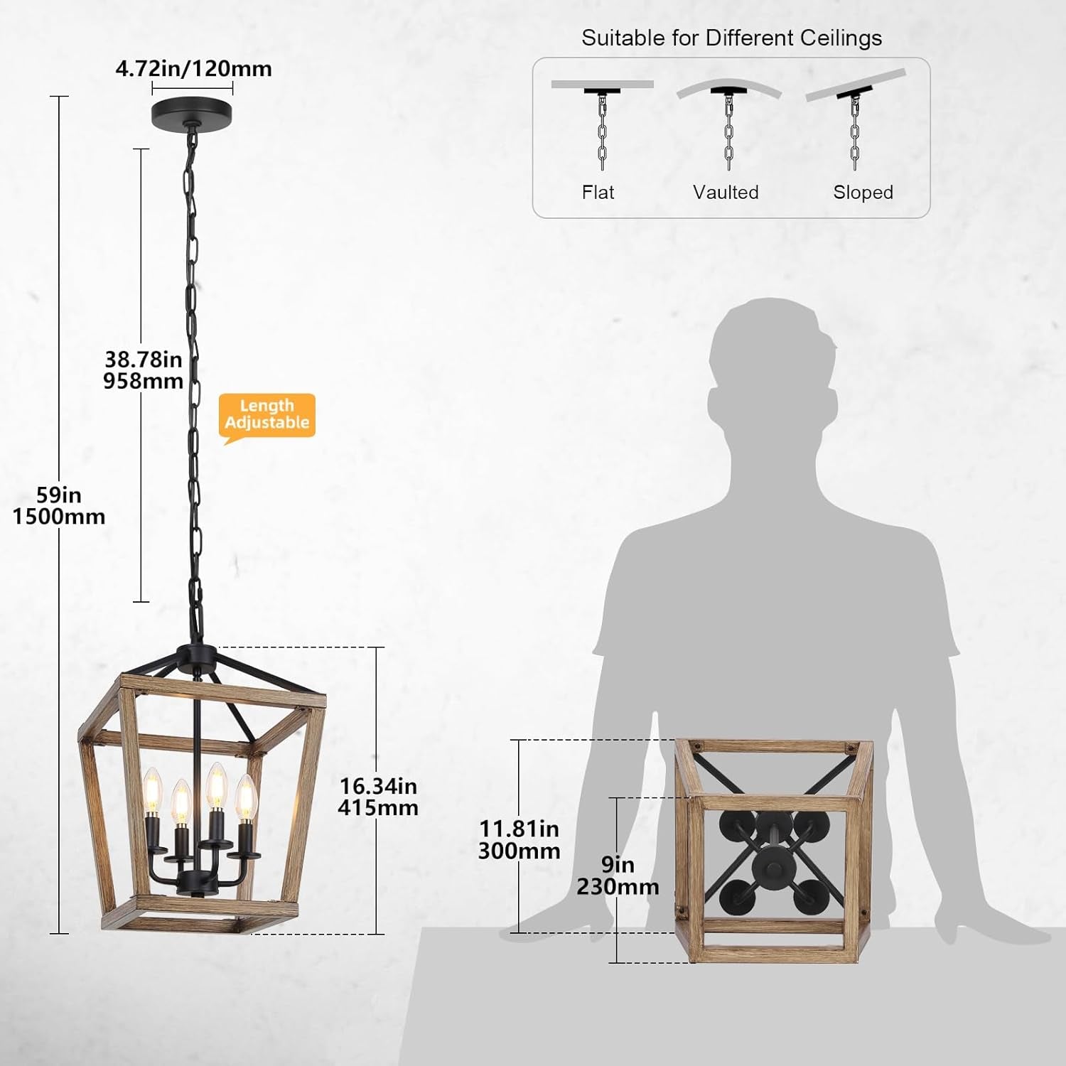 4-Light Farmhouse Chandelier Rustic Wood Cage Light